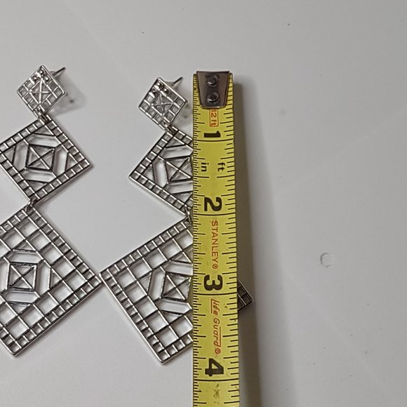 Long Silver Tone Metal Decorative Dangling Square Earrings - Picture 6 of 12